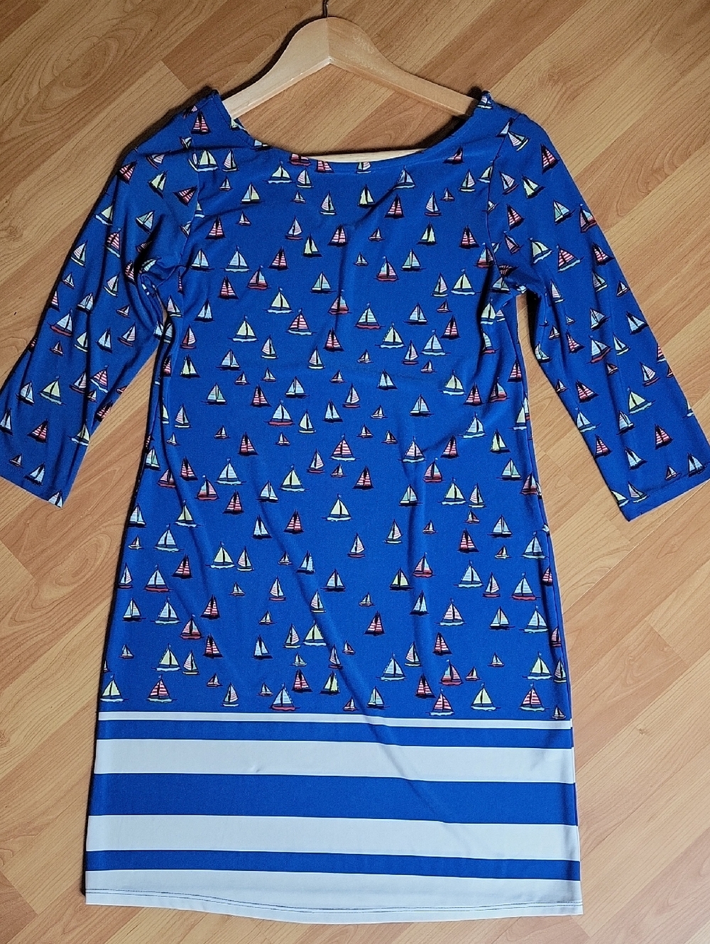 Leota Royal Blue Sailboat Print Boatneck Dress with Striped Hem